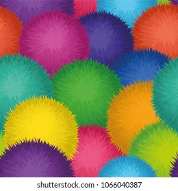 Vector seamless pattern of 10 cute rainbow colored Birthday Party pom poms isolated on white