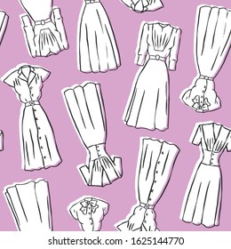 Vector seamless pattern with 1950 dresses. Feminine sewing hand-drawn illustration. Fifties wardrobe repeat design.