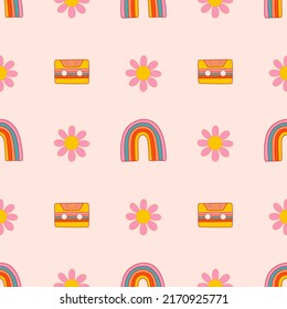 Vector seamless pattern with 1970 vibe. Rainbow, daisy, cassette in bright colors.