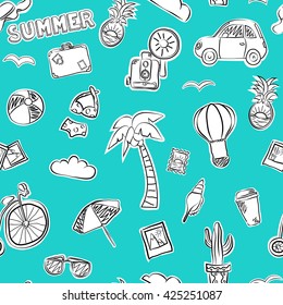 Vector seamless pattern of 20 summer objects, such as bike, car, air balloon, camera, bikini, palm, pineapple, luggage, cactus, hat, and more. Repeating summer background. Set of hand drawn icons