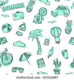 Vector seamless pattern of 20 summer objects, such as bike, car, air balloon, sunglasses, camera, palm, pineapple, luggage, cactus, hat, and more. Repeating summer background. Set of hand drawn icons