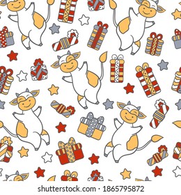 Vector seamless pattern with 2021 symbol bull or cow, Christmas gifts and holiday stars on a white background. For design of postcards, packages, covers, textile prints