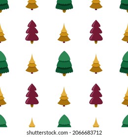 Vector seamless pattern with 3d effect Christmas trees in green, red and yellow colors on white background.Simple modern design for New year celebration,textile,wrapping paper,prints,fabrics,clothes