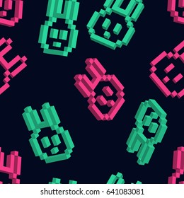 Vector seamless pattern with 3d head of rabbit in pixel art style. Neon colors. Background for printing brochure, poster, textile design, card, web, magazines, wallpapers.