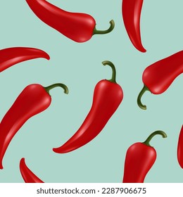 Vector Seamless Pattern with 3d Realistic Red Hot Chilli Pepper on Blue Background. Fresh Chilli Hot Pepper Design Template for Culinary Concept. Vector Illustration