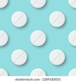 Vector Seamless Pattern with 3d Realistic White Round Pharmaceutical Medical Pill, Capsule, Tablet Closeup On Blue Background. Front View. Medicine, Health Concept