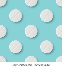 Vector Seamless Pattern with 3d Realistic White Round Pharmaceutical Medical Pill, Capsule, Tablet Closeup On Blue Background. Front View. Medicine, Health Concept