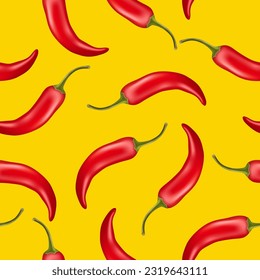 Vector Seamless Pattern with 3d Realistic Red Hot Chilli Pepper on White Background. Fresh Chilli Hot Pepper Design Template for Culinary Concept. Vector Illustration