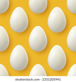 Vector Seamless Pattern with 3d Realistic White Chicken Eggs Closeup Isolated on Yellow Background. Vector Whole Chicken Eggs. Egg in Front, Top View