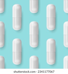 Vector Seamless Pattern with 3d Realistic White Pharmaceutical Medical Pill, Capsule, Tablet Closeup On Blue Background. Front View. Medicine, Health Concept