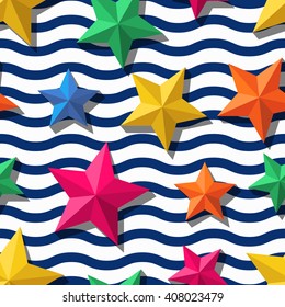 Vector seamless pattern with 3d stylized stars and blue wavy stripes. Summer marine striped background.  Design for fashion textile print, wrapping paper, web background. Multicolor starfishes.