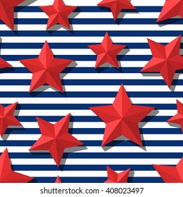 Vector Seamless Pattern With 3d Stylized Red Stars And Blue Navy Stripes. Summer Marine Striped Background.  Design For Fashion Textile Print, Wrapping Paper, Web Background. Star Flat Symbol. 