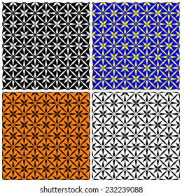 Vector seamless pattern of 4 point stars. Set of four 2 color variations are provided with 4x4 fills of each. Halloween selection is included. 