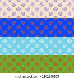 Vector Seamless Pattern : 4 rows of different colors pattern with geometry shapes circle and lines to formulate objects lookalike flowers