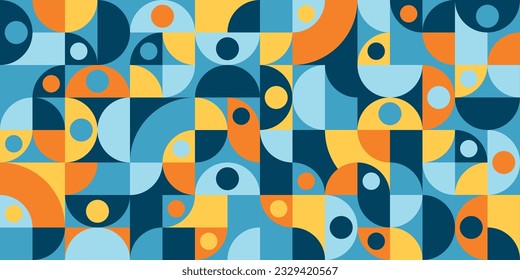 Vector seamless pattern, 60s bauhaus abctract geometric background with blue and orange colors