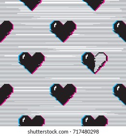 Vector seamless pattern with 8 bit pixel art styled black hearts on grey background with glitch VHS effect. One heart is half full. 