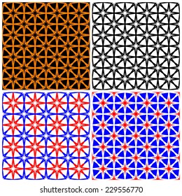 Vector seamless pattern of 8 point stars outlined with a wide outline. Set of four color variations are provided with 4x4 fills of each. Fourth of July and Halloween color selections are included. 