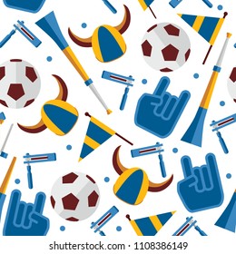 Vector seamless pattern about football fan and accessories as cheerleader glove, hat with horns, ratchet and vuvuzela