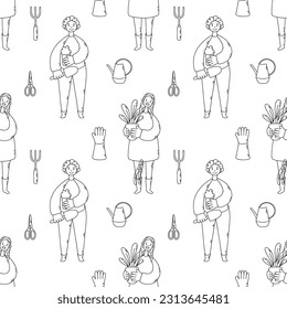 Vector seamless pattern about house plants hobby. Man and woman with plants in the pot, watering can, pitchfork, gloves, scissors. Outline illustration for textile, paper.