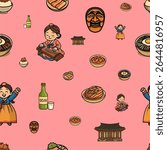 vector seamless pattern about korean culture with pink background
