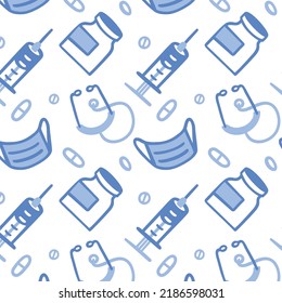 Vector Seamless Pattern About Medicine. Pills, Mask, Syringe, Injection, Vaccine, Stethoscope. Outline Doodle Cute Cartoon Style.