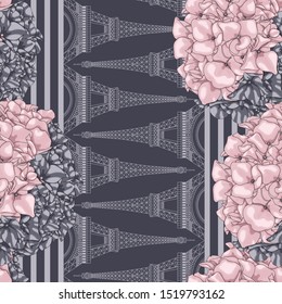 Vector seamless pattern about Paris, France. Pink grey flowers with Eiffel tower on a dark grey background