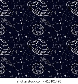 Vector seamless pattern about space: spaceship, moon, saturn, constellation,comet, rocket, stars, planets, love.