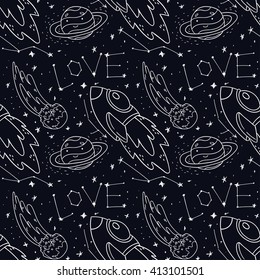 Vector seamless pattern about space: spaceship, moon, saturn, constellation,comet, rocket, stars, planets, love.