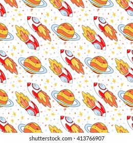 vector seamless pattern about space: rocket, planet Saturn, stars. Childish, colorful, bright.