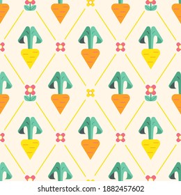 Vector seamless pattern about spring and Easter. Geometrical bright pattern with carrots and flowers on the beige background.