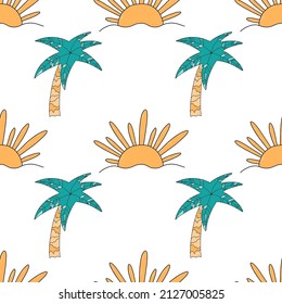 Vector seamless pattern about summer vacation with palm and sun. Cute illustration for wallpaper, fabric, textile, background