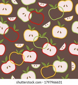 Vector seamless pattern with abstract apples and apple slices on a brown background. Pattern with fruit. Vector fruit illustration. Natural seamless texture.For fabric, textile, and Wallpaper design.