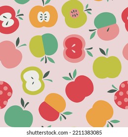 Vector seamless pattern with abstract apples on pink background. Flat style fruit. Hand drawn vector garden fruit illustration. For textiles, clothing, bed linen, office supplies.