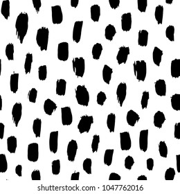 Vector seamless pattern. Abstract background with brush strokes. Monochrome hand drawn texture. Black color. Grange paint blot and dot. Stripe, stroke for school and teen, kid design. Unusual