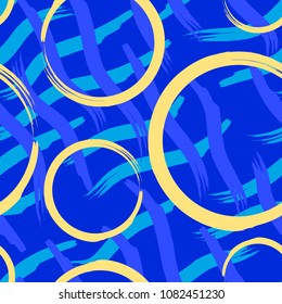 Vector seamless pattern. Abstract background with wavy brush strokes and circles. Colorful hand drawn texture