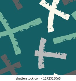 Vector seamless pattern. Abstract background with brush strokes. Colorful hand drawn print. Trendy texture with pluses or crosses, simbols of kisses. Trendy graphic design.