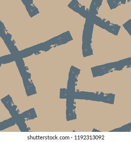 Vector seamless pattern. Abstract background with brush strokes. Colorful hand drawn print. Trendy texture with pluses or crosses, simbols of kisses. Trendy graphic design.