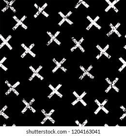 Vector seamless pattern. Abstract background with brush strokes. Monochrome hand drawn print. Hipster texture with crosses or pluses. Trendy graphic design