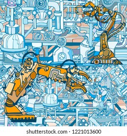 Vector seamless pattern. Abstract background with robotic arms and industry or steampunk machines. Fantasy technology or factory illustration with line art hand drawn sketch elements.