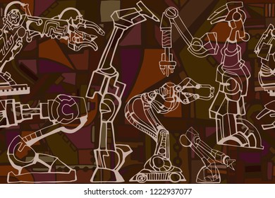 Vector seamless pattern. Abstract background with robotic arms and industry or steampunk machines. Fantasy technology or factory illustration with line art hand drawn sketch elements.