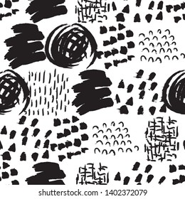Vector seamless pattern. Abstract background with grunge brush strokes. Ink painted hand made texture. Black and white design. Wallpaper or print for fabric