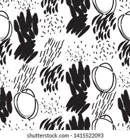 Vector seamless pattern. Abstract background with grunge brush strokes. Ink painted texture. Black and white design. Wallpaper, print for fabric or wrapping paper.