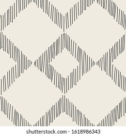 Vector seamless pattern. Abstract background with doodles. Hand drawn hipster texture. Repeating monochrome sketch with hatched squares. Modern simple graphic design.