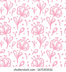 Vector seamless pattern and abstract background with red leaves and flowers for organic and healthy food packaging, natural eco cosmetics and vegan products.