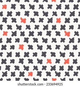 Vector seamless pattern. Abstract background with brush strokes. Monochrome hand drawn print with monochrome crosses and some red accenting items