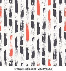 Vector seamless pattern. Abstract background with brush strokes. Striped hand drawn texture. Dark stripes with red accenting elements