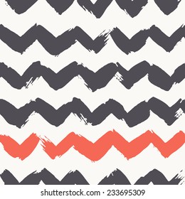 Vector seamless pattern. Abstract background with zigzag brush strokes. Monochrome hand drawn texture with red accenting band