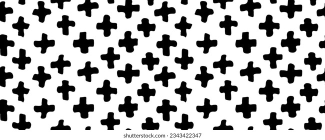 Vector seamless pattern. Abstract background with brush strokes. Monochrome hand drawn print. Hipster monochrome texture with crosses or pluses. Trendy graphic design.