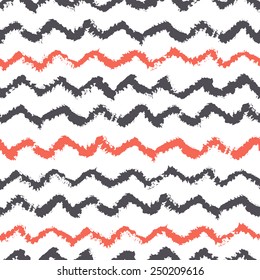 Vector seamless pattern. Abstract background with zigzag brush strokes. Monochrome hand drawn texture with red accenting bands