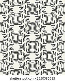 Vector seamless pattern. Abstract background with interweaving rings. Geometric monochrome texture. Celtic confused grid. Interlaced knotwork.